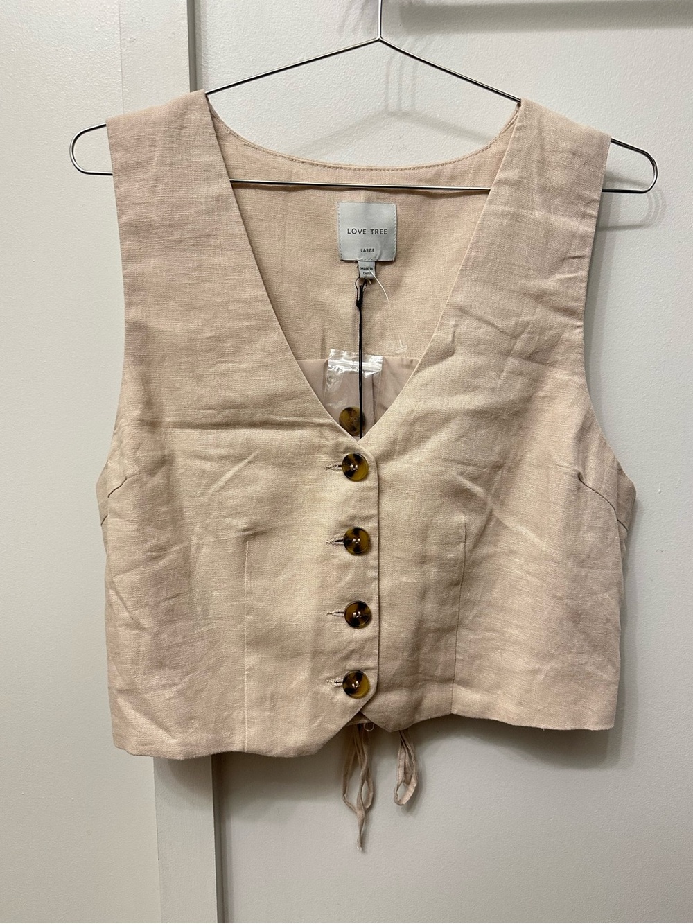 Love Tree Linen-Blend Button Front Shirt Vest- Beige